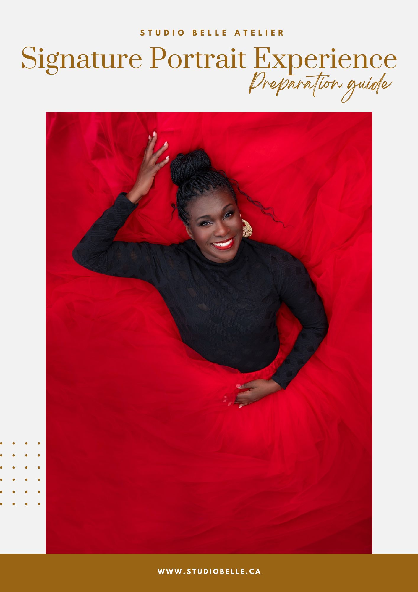 Smiling Black woman in a black dress lies on bright red fabric, gold earrings, with branding text at top.