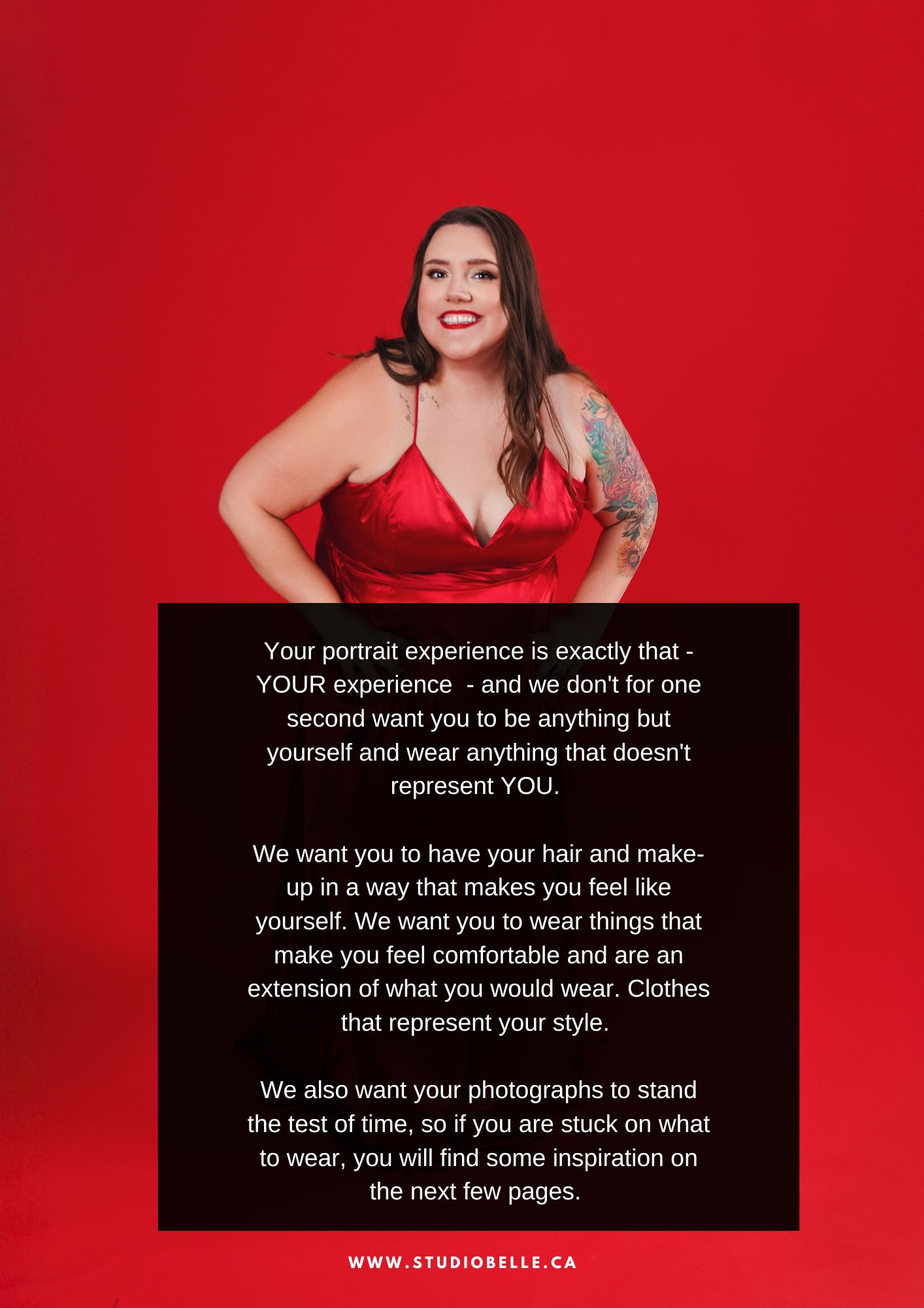 Portrait of a smiling woman in a red satin dress against a red background, with a large black text box over her torso containing white text.