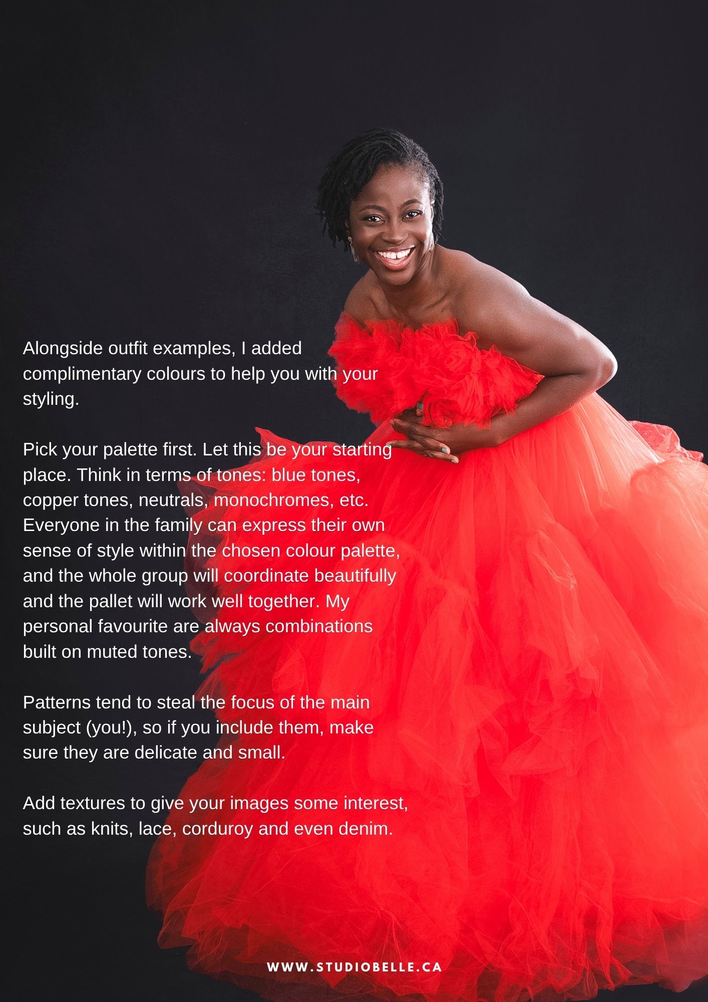 Joyful Black woman in a bright red tulle gown against a dark background; bold white text overlays describe color palettes and styling.