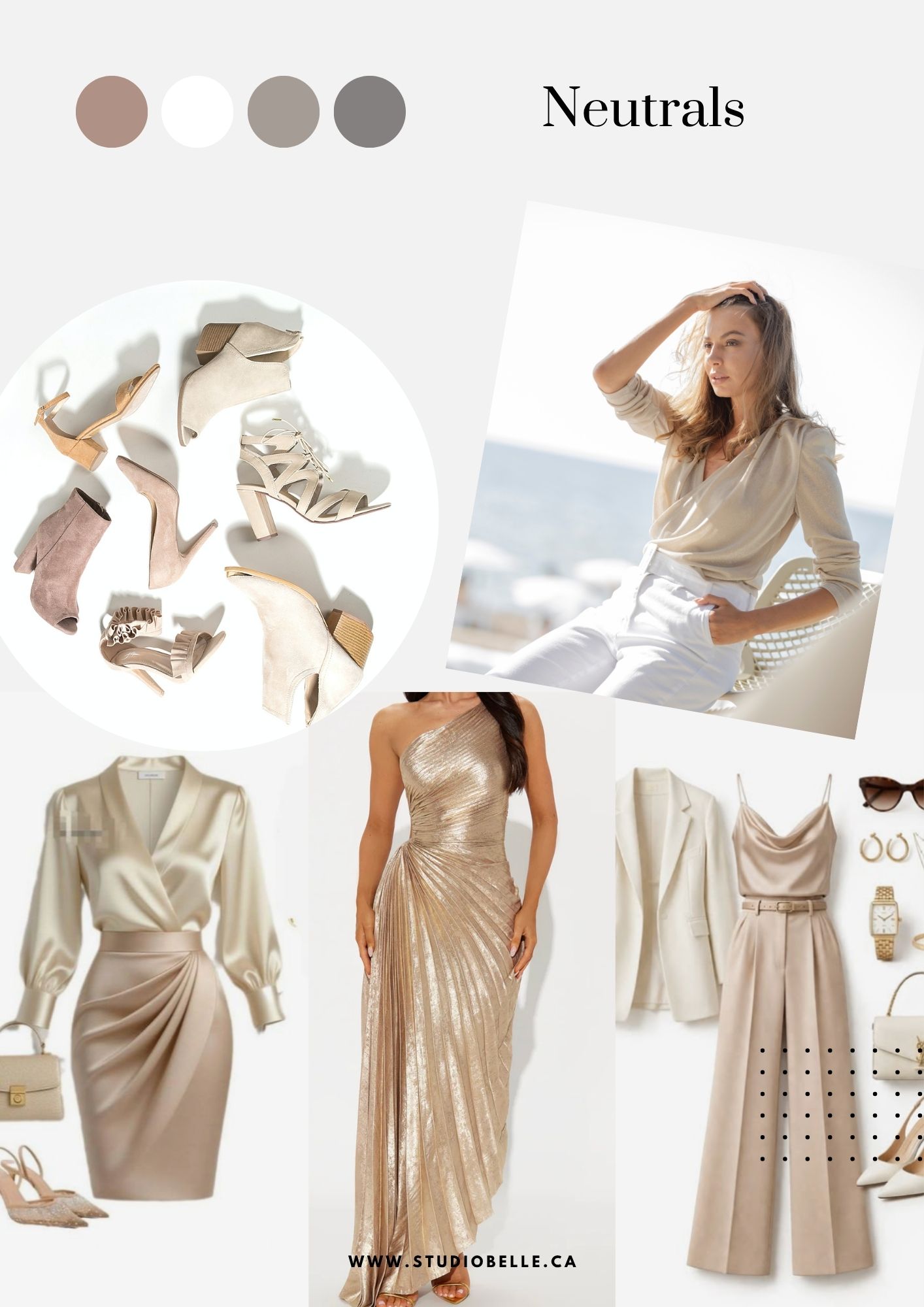 Mood board of warm neutral colors with beige fashion items and a sea-side portrait.