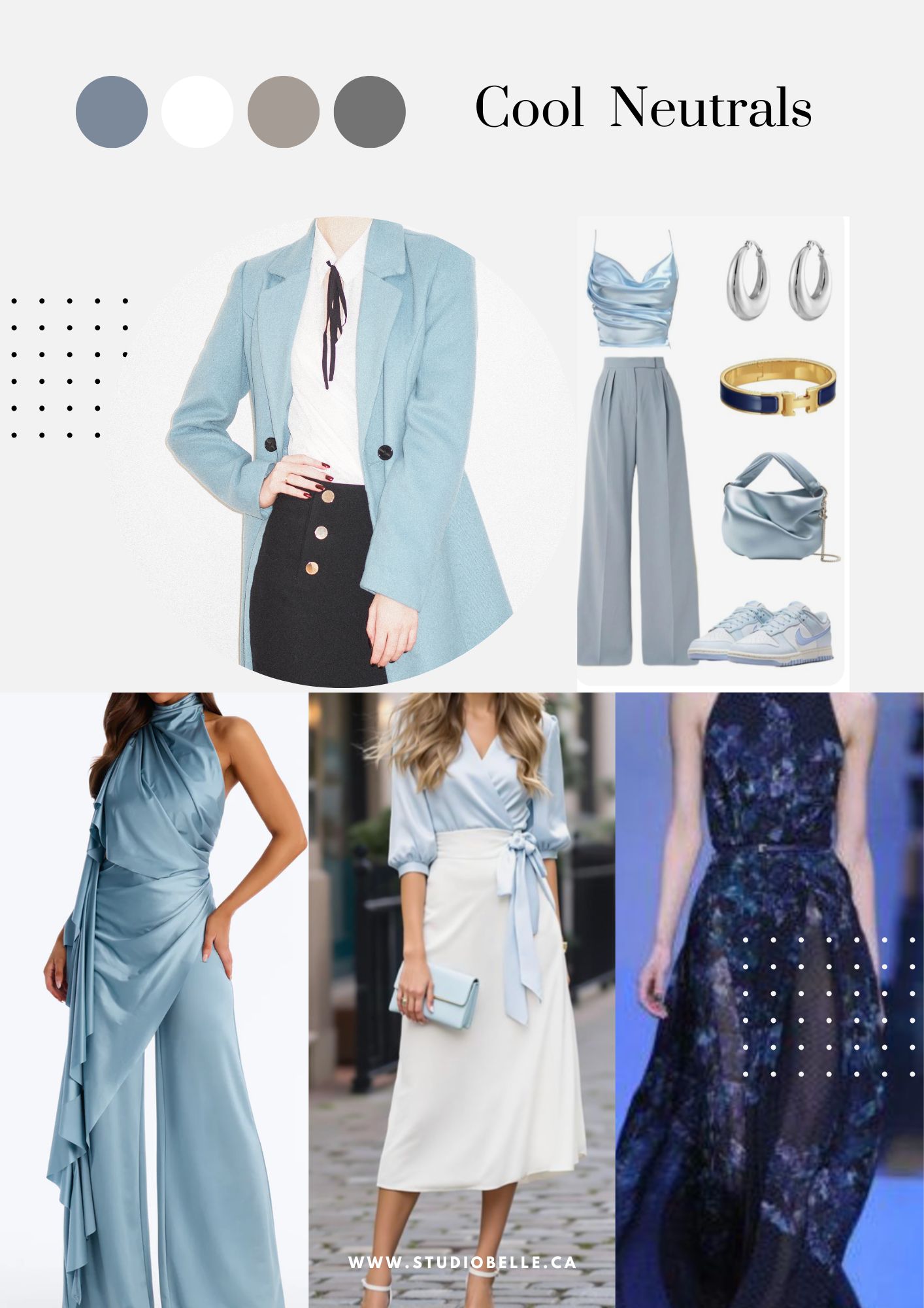 Collage of blue-toned fashion outfits including blazer, jumpsuit, and accessories in a neutral backdrop