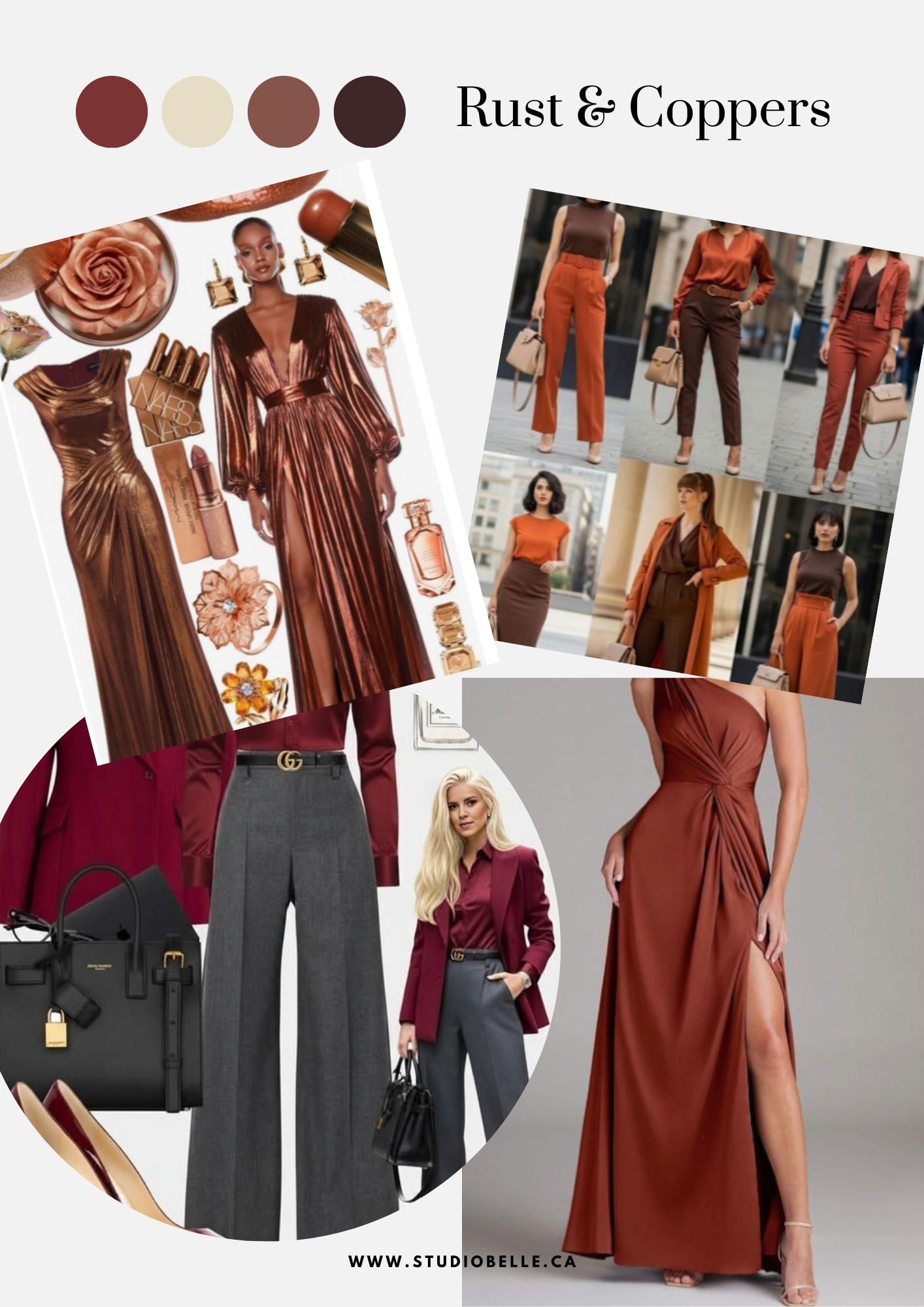 Collage of rust and copper–tone fashion outfits and accessories from Studio Belle (rust dress, copper gown, bags) with the site URL.