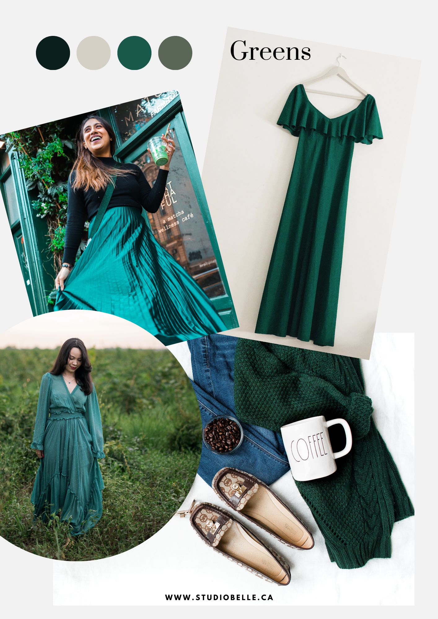 Collage of green-toned fashion: a woman in a teal dress, a hanging emerald dress, green knitwear, and green accessories on a white backdrop