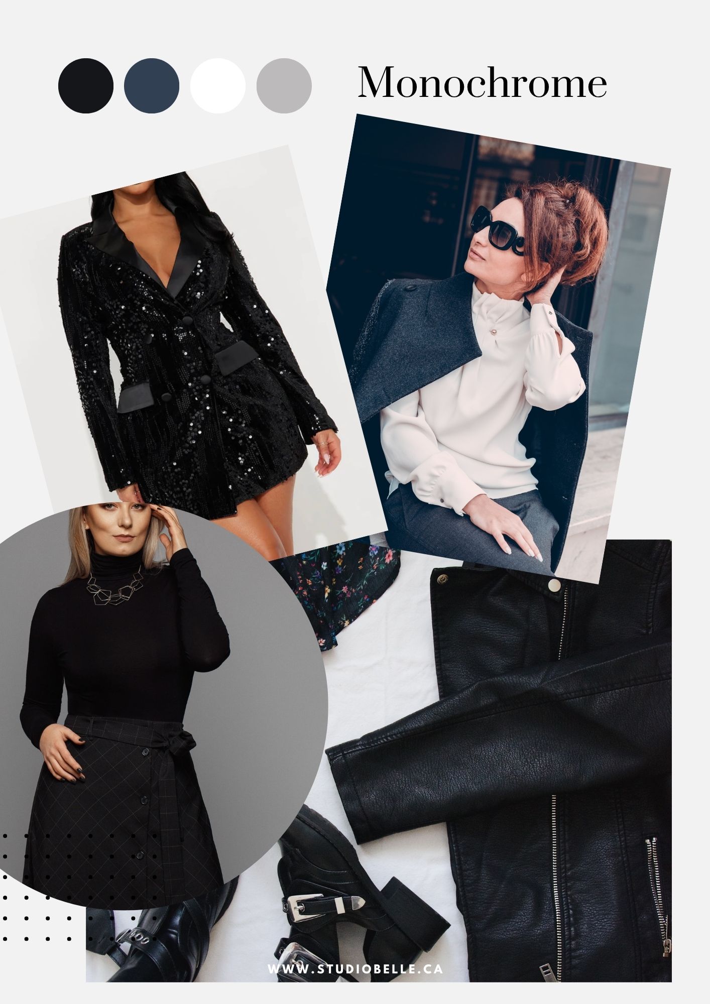 Collage of black fashion outfits: sequined blazer, turtleneck dress, leather jacket and accessories with website at bottom (studiobelle.ca).
