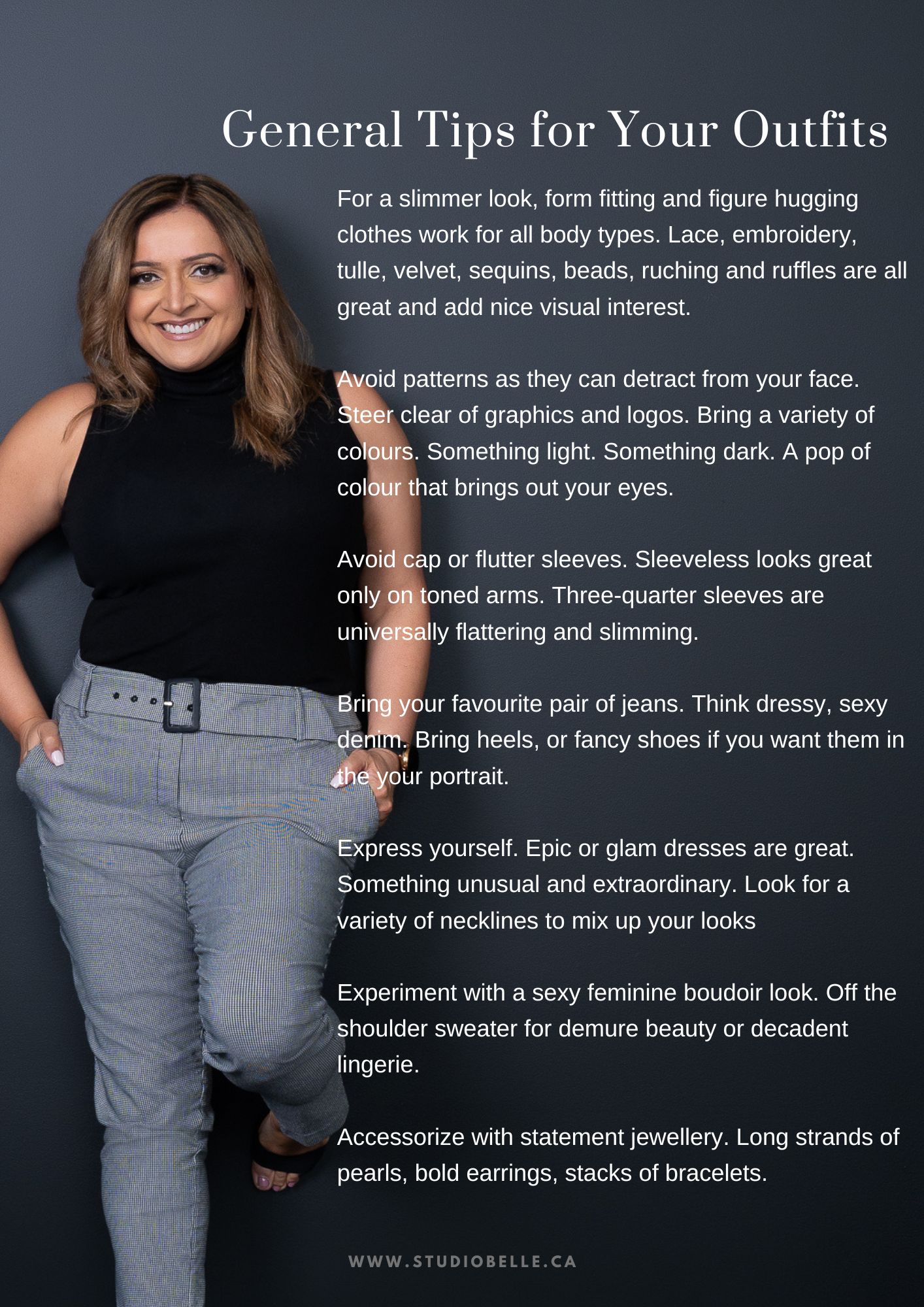 Woman posing in black sleeveless top and gray plaid trousers against a dark background; right-aligned fashion tips text overlay reading 'General Tips for Your Outfits'