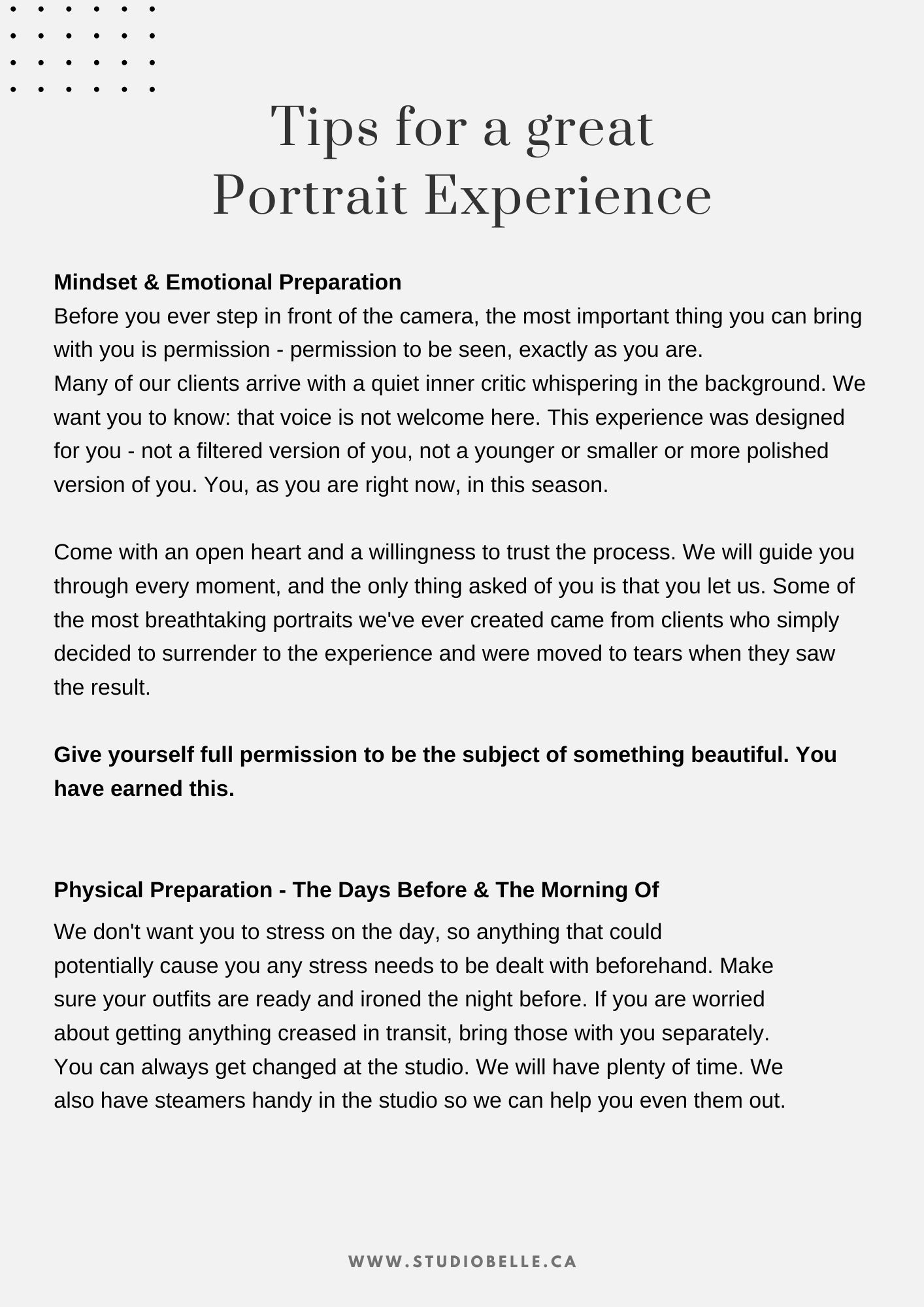 Web page header reading 'Tips for a great Portrait Experience' with a dotted corner design in the upper left.