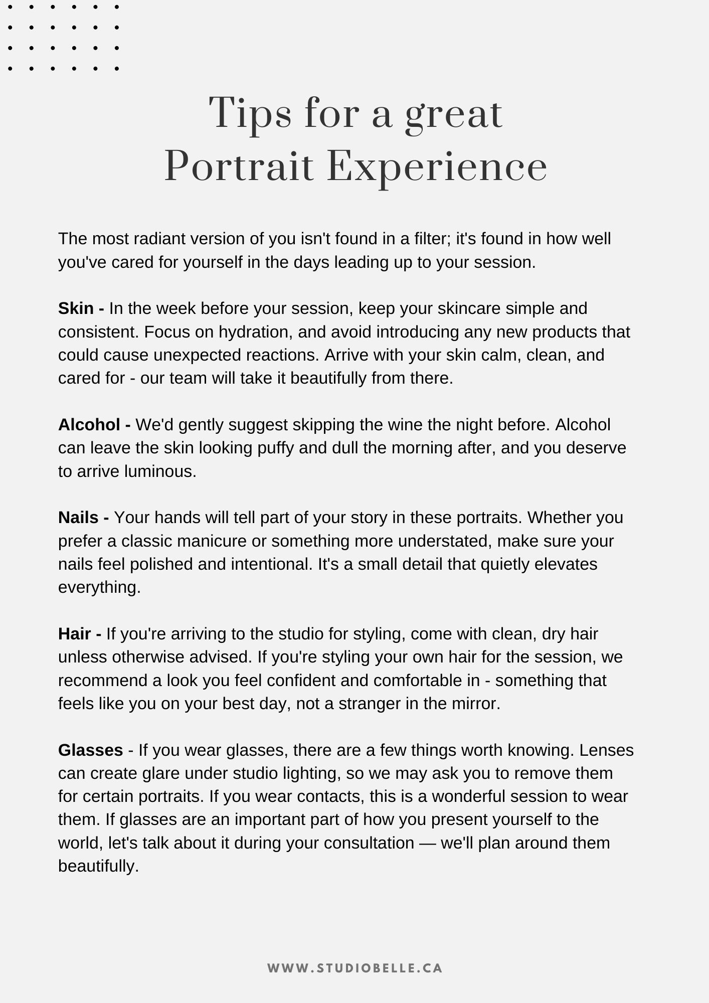 Page with a 'Tips for a great Portrait Experience' title and introductory body text, grey background, decorative dot pattern top-left, and the site URL at bottom.
