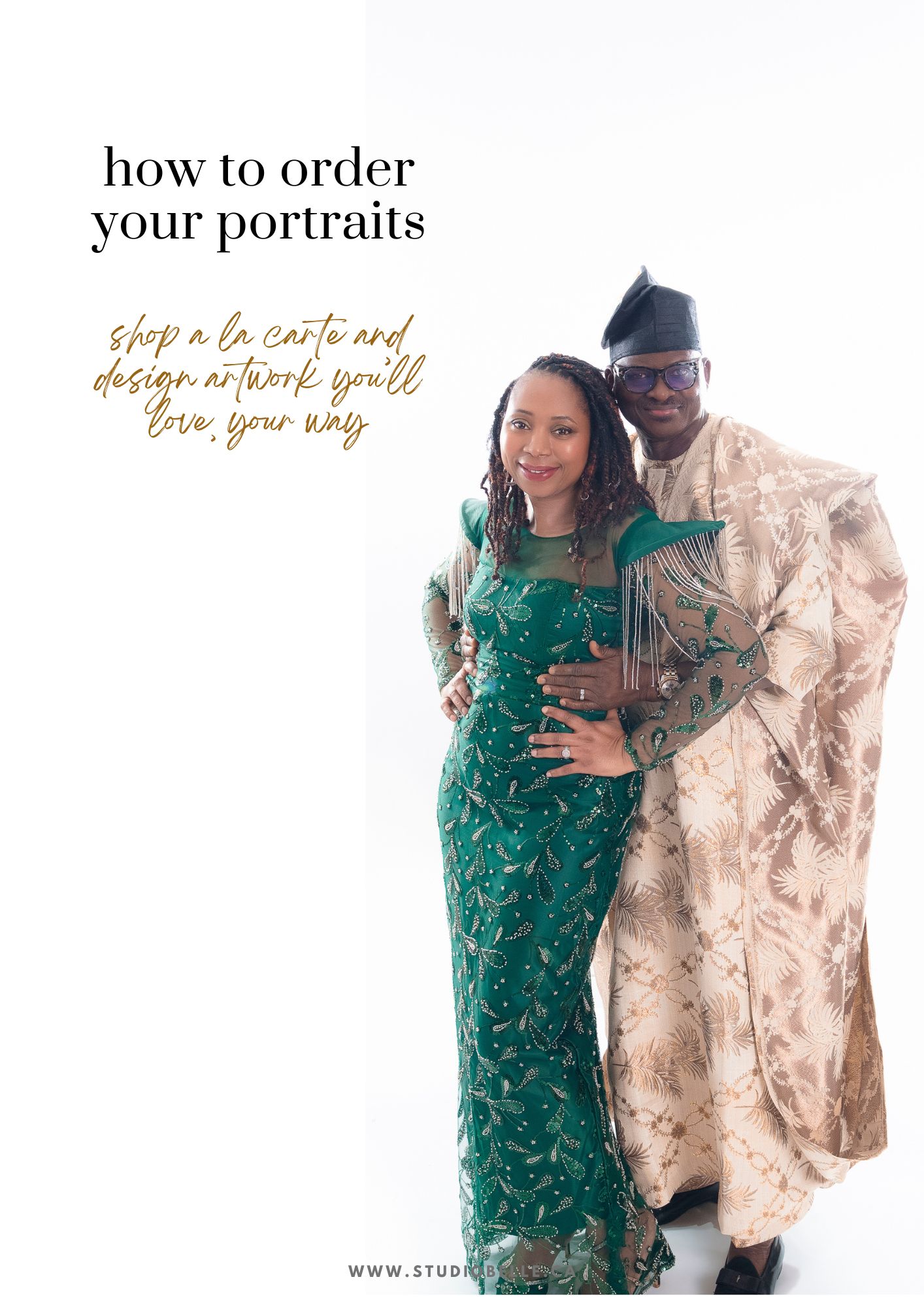 Promotional banner with a couple in formal attire; text reads 'how to order your portraits' and gold script next to them, website at bottom.