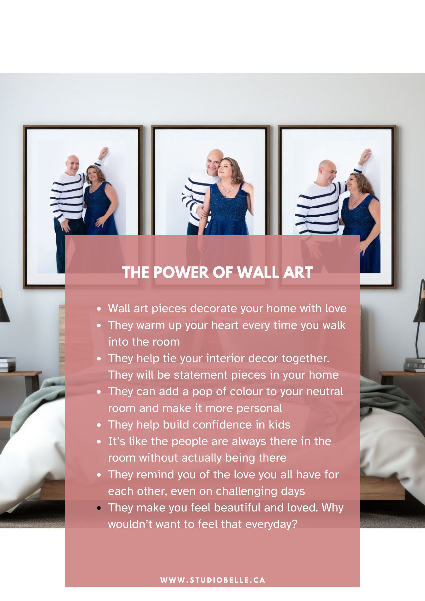 Three framed photos of a couple on a wall, with a pink overlay reading 'THE POWER OF WALL ART' and bullet points including the site www.studiobelle.ca.