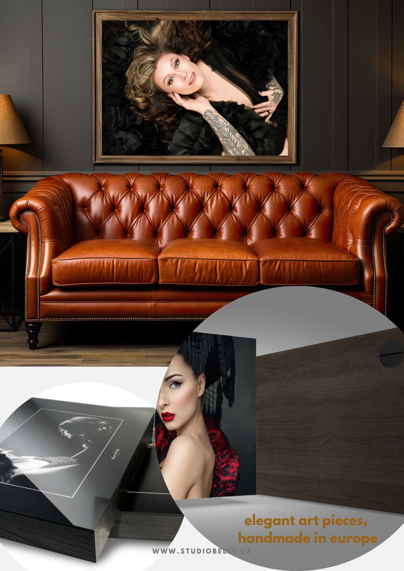 Leather tufted sofa against dark paneled wall with a framed portrait of a tattooed woman on display.