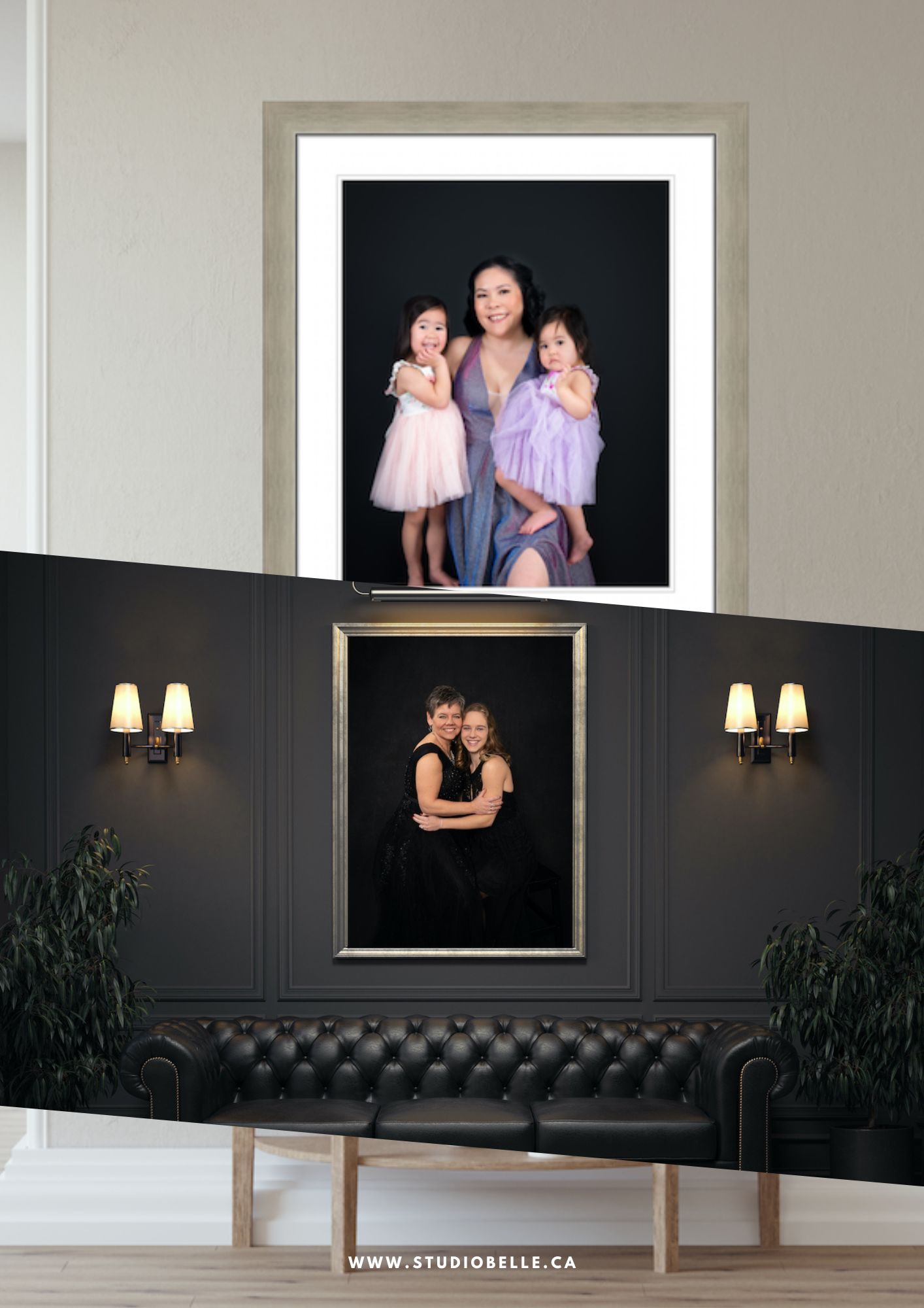 Portrait wall display in a stylish room: framed family photos on dark walls with a black tufted sofa and warm lighting, marketing for Studio Belle.