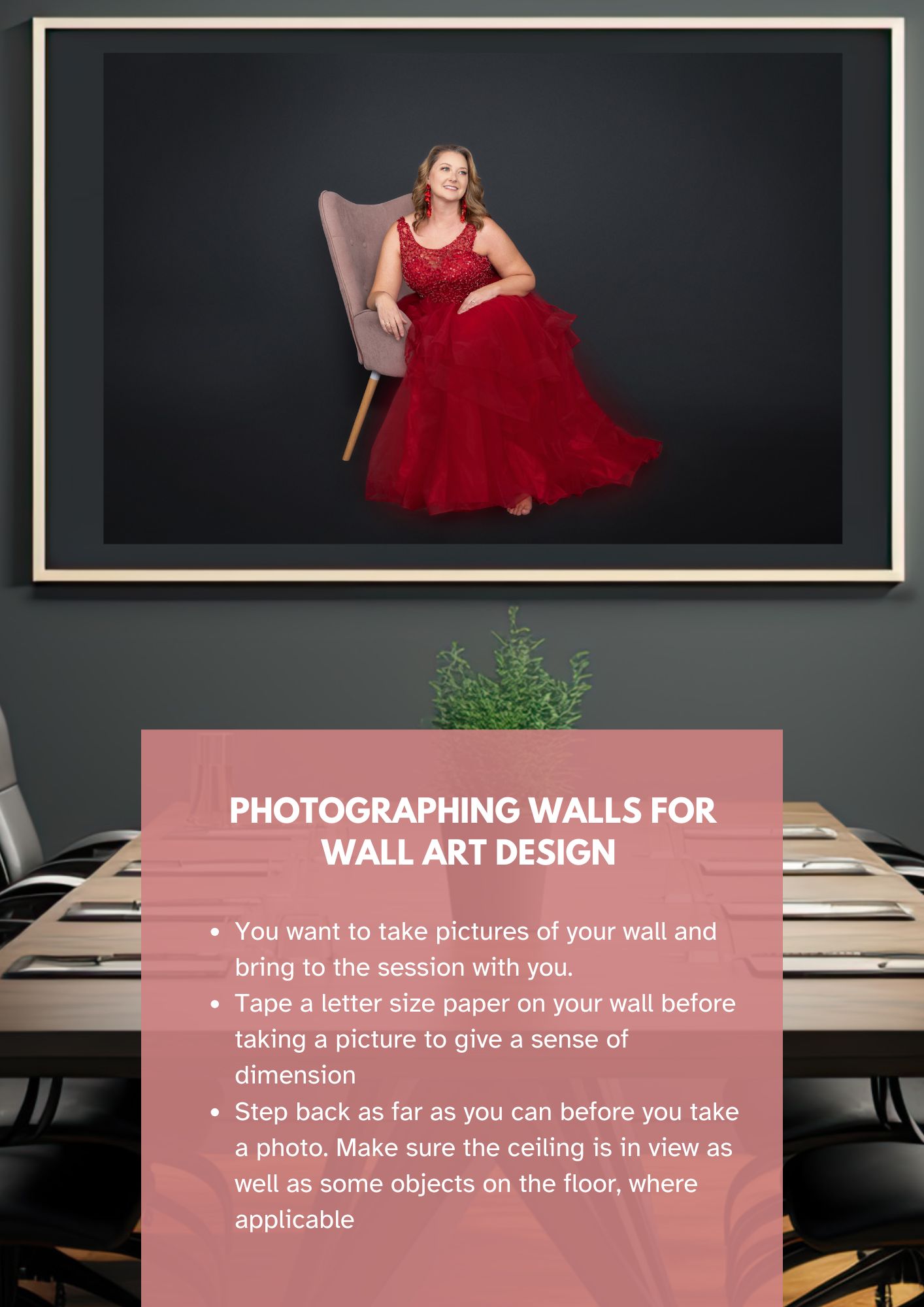 Woman in a red formal dress sits on a pink chair inside a framed wall art photo against a dark backdrop.
