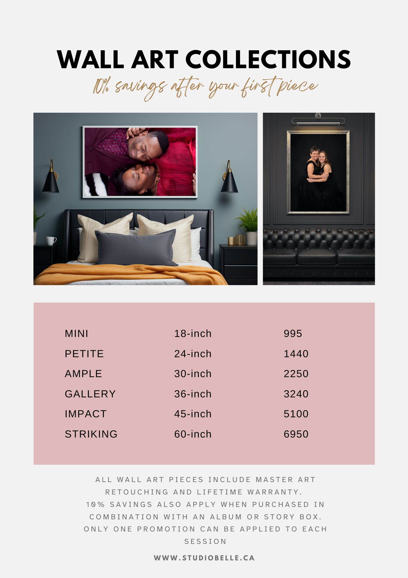 Promotion banner for Wall Art Collections showing two framed artworks on a bedroom wall and a pink price panel beneath