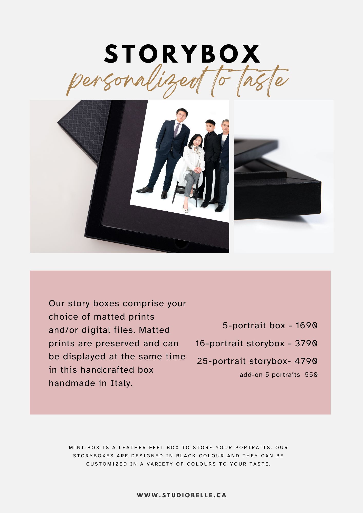 Brand banner for STORYBOX reading 'personalized to taste' with a collage of black gift boxes and a group photo.