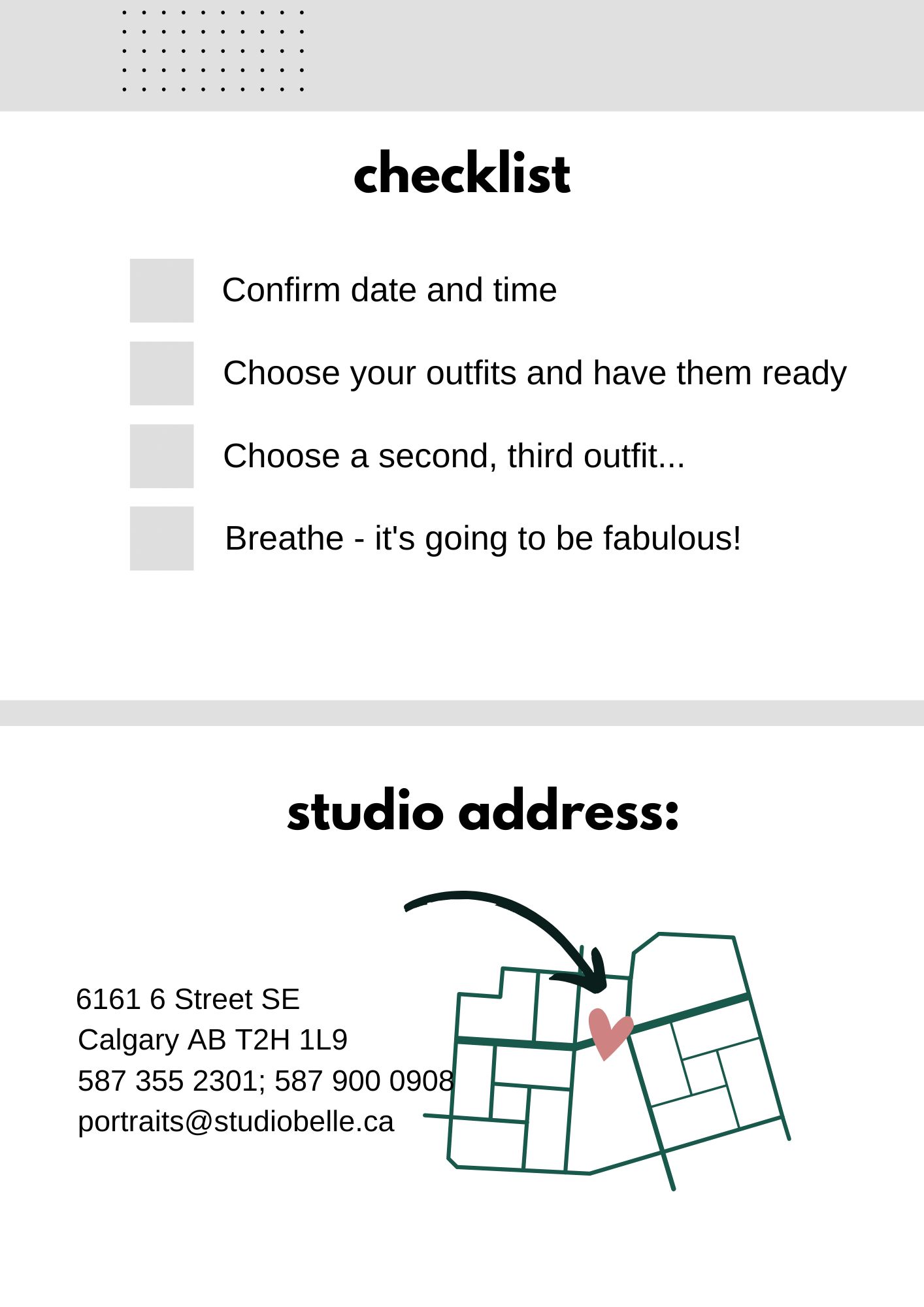 Checklist header with five bullet items: confirm date and time; choose outfits; pick second and third outfits; breathe—it's going to be fabulous.