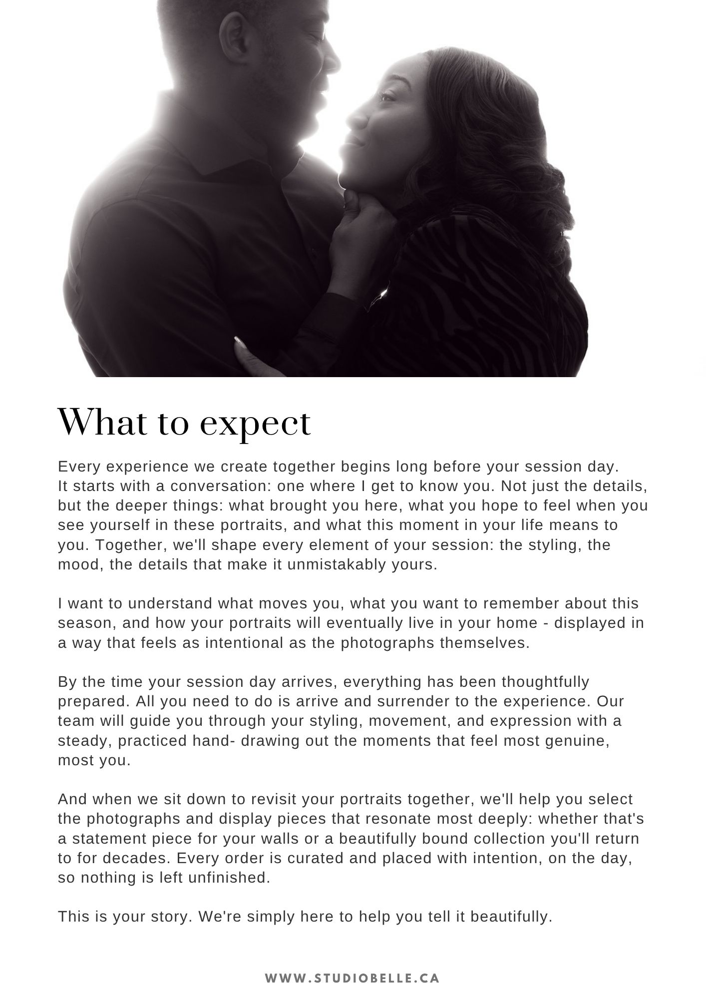 Black-and-white photo of a couple embracing and looking at each other warmly, conveying intimacy for a portrait session introductory image.